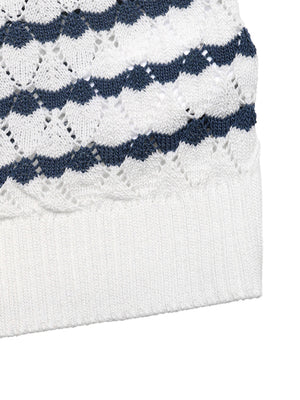 Chic white knit cardigan with navy stripes and openwork diamond pattern.