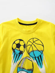 Yellow cotton t-shirt with soccer, basketball, and football graphic print