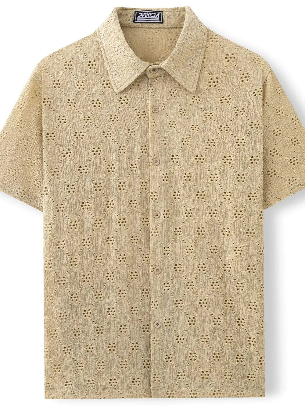 Khaki geometric eyelet short sleeve resort shirt with button front and collar.