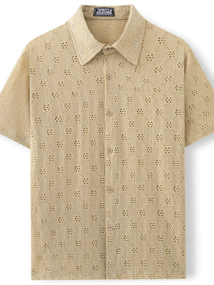 Khaki geometric eyelet short sleeve resort shirt with button front and collar.