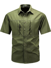 Moss green cotton short sleeve button-down shirt with dual utility chest pockets
