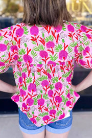 Floral Print Short Sleeve Tassel Tie Blouse in Fuchsia Pink, alternate angle