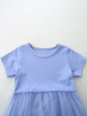 Baby blue tulle dress with short sleeves and ruffled waist detail.