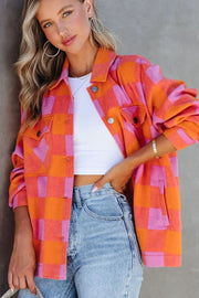Sunset Check Overshirt with patch pockets in orange and pink plaid.