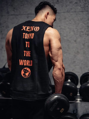 Black graphic muscle tank with orange Xeno Tokyo print and globe graphic.