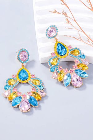 Floral-inspired crystal drop earrings in multicolor with pink, blue, and yellow stones.