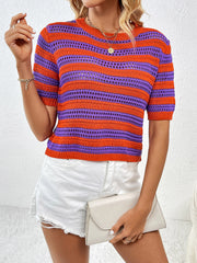 Open-knit striped crew neck sweater in orange and purple with short sleeves.
