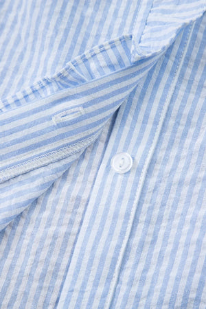 Blue and white striped cotton shirt with frill detail and button closure