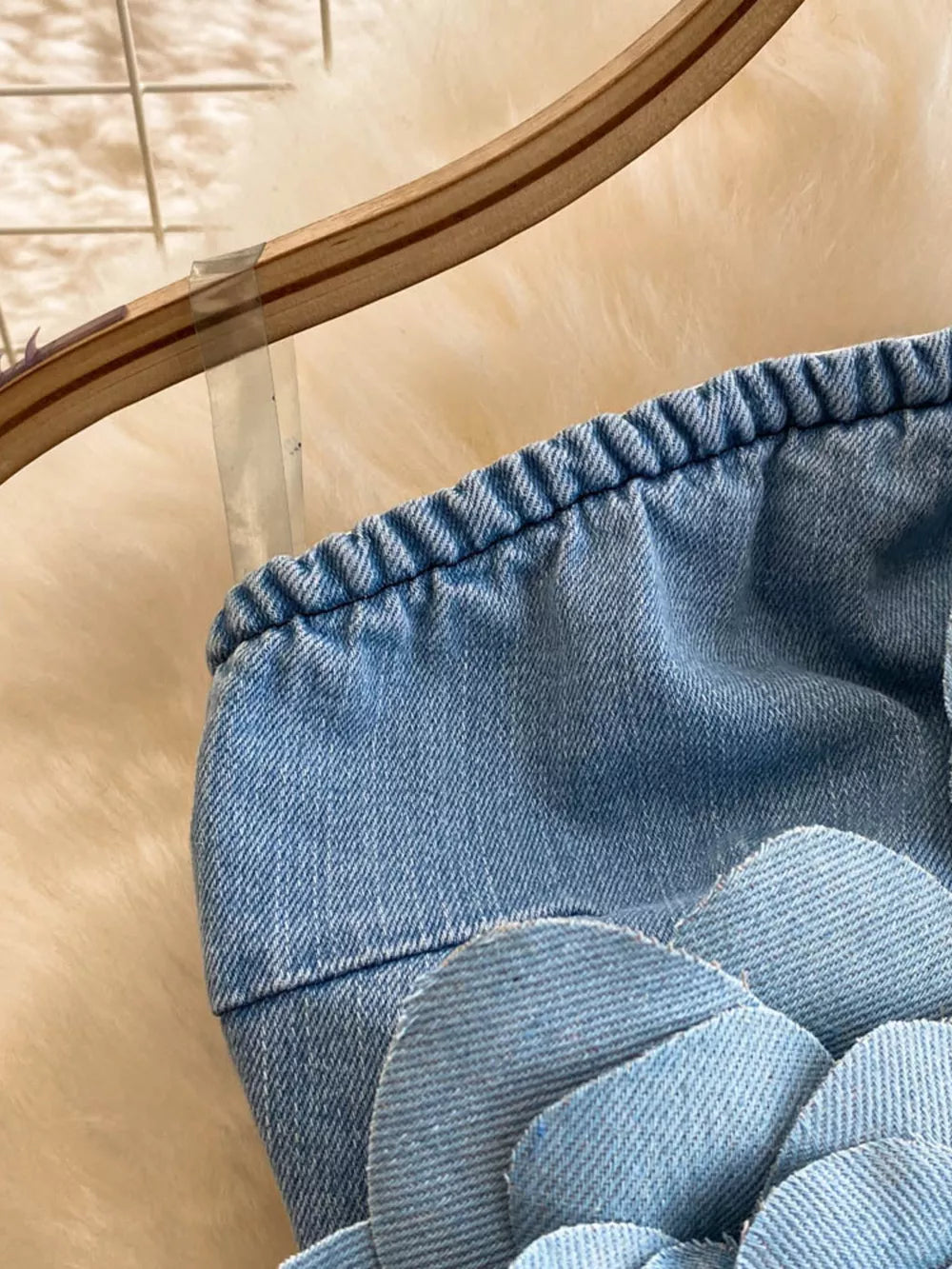 Strapless denim dress with 3D floral applique detail and elasticized top
