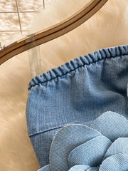 Strapless denim dress with 3D floral applique detail and elasticized top
