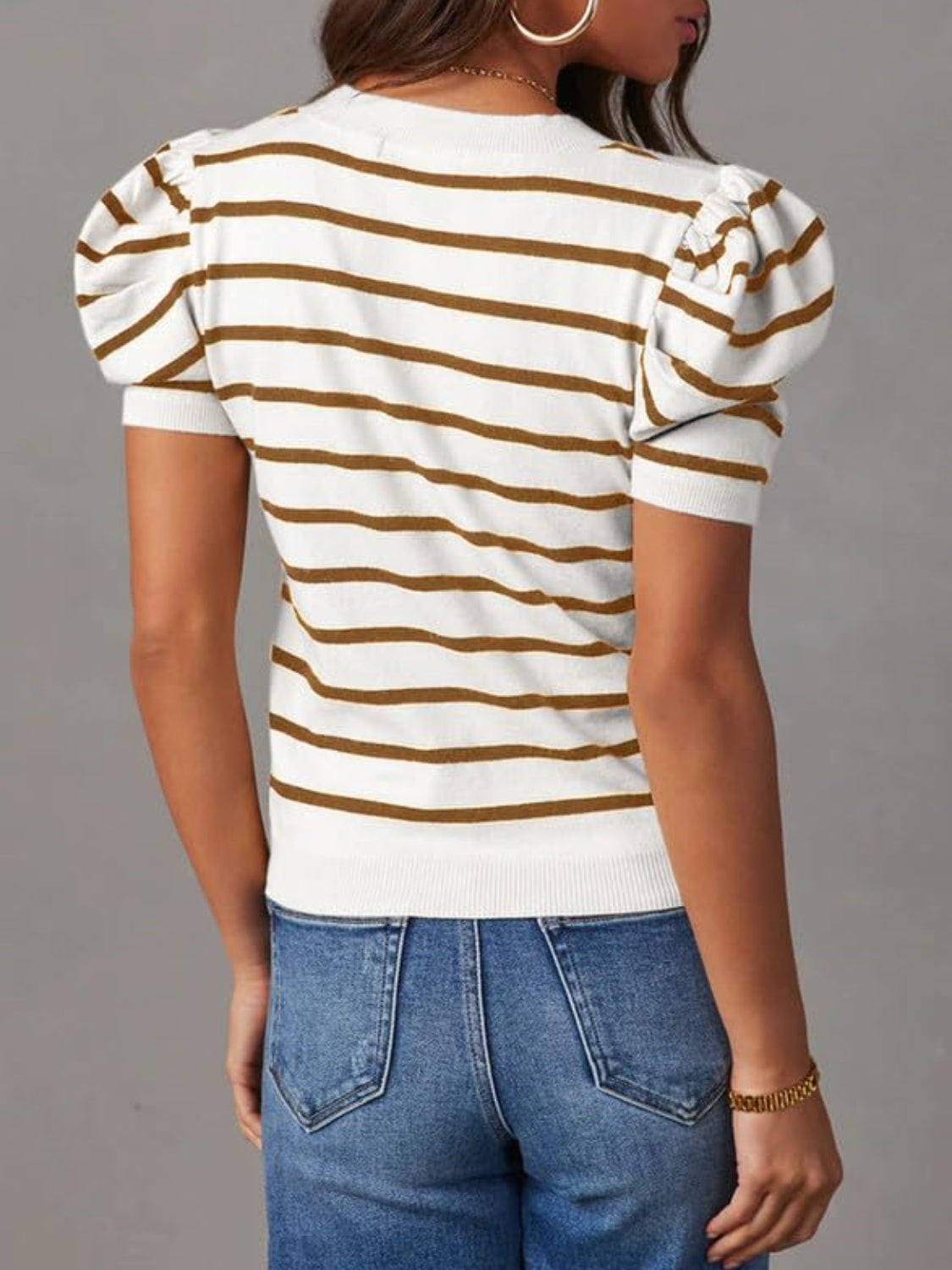 Striped knit tee with puff sleeves in tan and white, crew neck, short sleeves.
