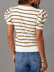 Striped knit tee with puff sleeves in tan and white, crew neck, short sleeves.