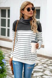 Colorblock stripe turtleneck knit sweater with dark gray and white horizontal stripes.