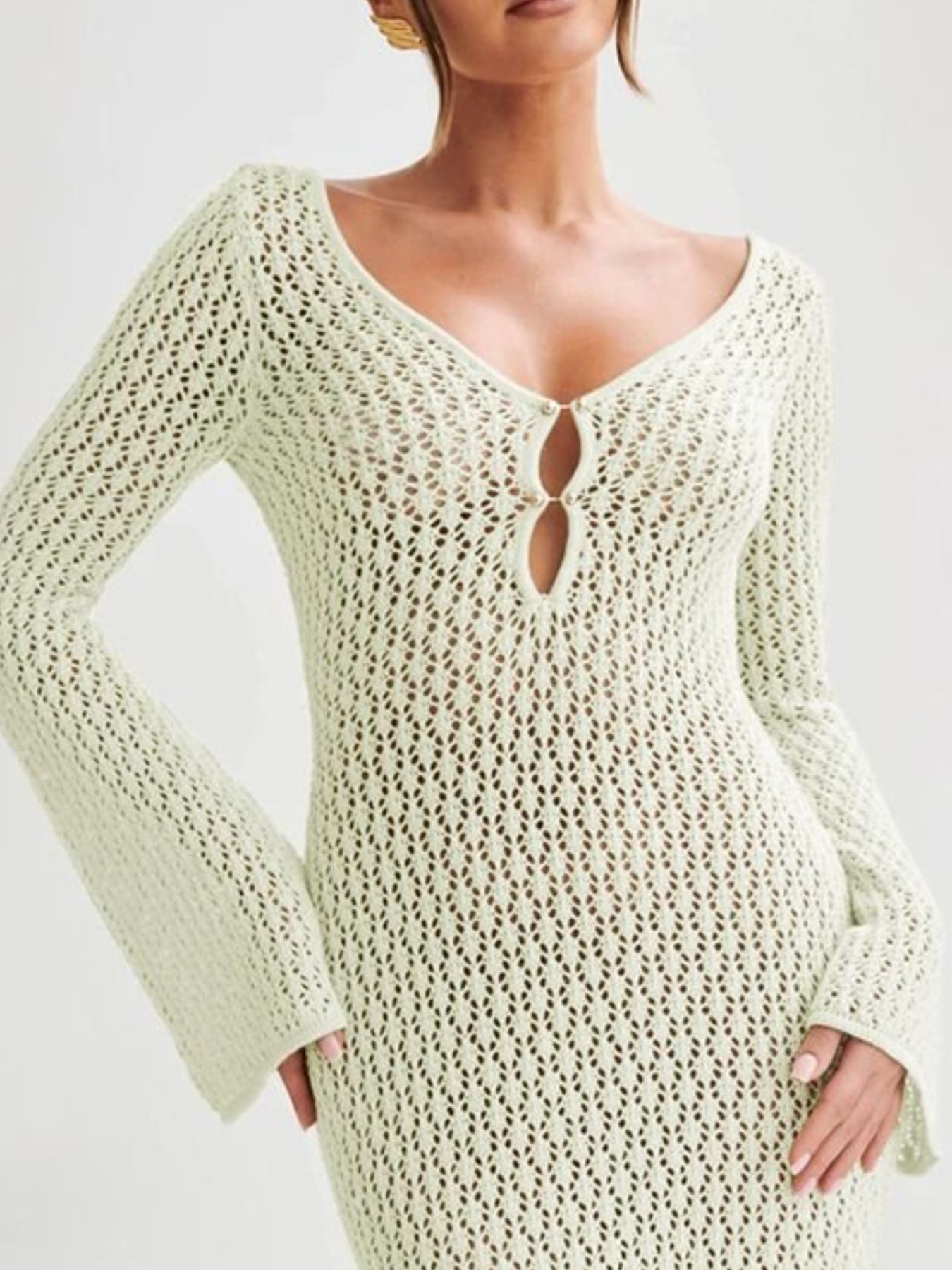 Light Green crochet maxi cover-up dress with V-neck and button detail.