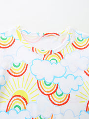Toddler underwear with a white background and a cheerful rainbow cloud and sun print.