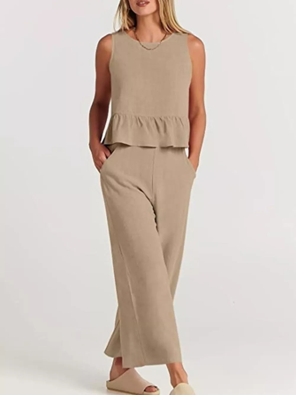 Ruffled Hem Sleeveless Top And Wide-leg Pants Set Plus Size in Black, view 17