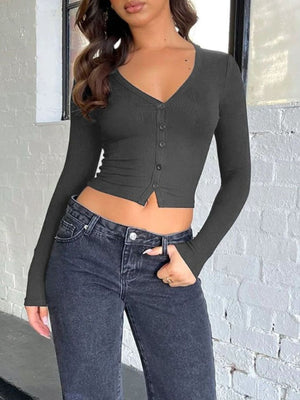 Black ribbed V-neck crop top with button front and long sleeves