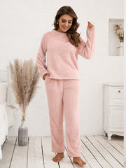 Plush raglan sleeve lounge set in watermelon pink with crew neck and elastic waist pants.