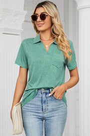 V-neck polo tee in light green with short sleeves and a chest pocket.
