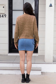 Khaki textured bouclé knit bolero jacket with crew neck and long sleeves.