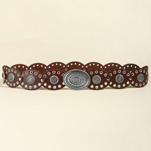 Dark brown leather belt with eyelet and antique silver oval buckle detail