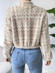 Textured geo-print fleece jacket in tan with balloon sleeves and elastic hem.