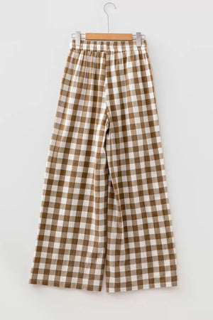 Gingham Plaid Tie Elastic Waist Shift Pants, fabric detail