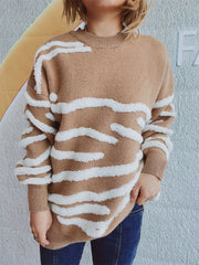 Textured stripe knit crewneck sweater in black, acrylic, basic style.