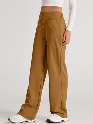 Button-front palazzo trousers in caramel with wide legs and pocket details.