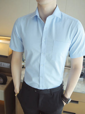 Men's Short Sleeve Slim Fit Casual Shirt in Light Blue, close-up detail