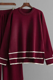 Burgundy acrylic loungewear set with round neck top and striped hem detail