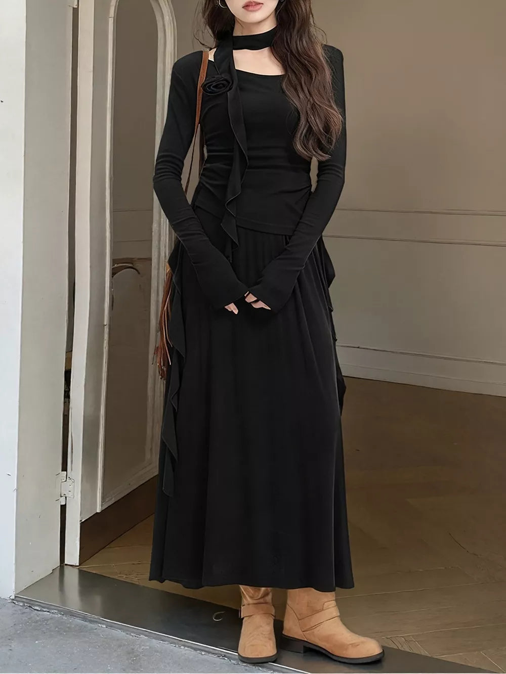 Ruffled Long Sleeve Knit Top And Maxi Skirt Set in Khaki, fabric detail