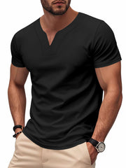 Black cotton t-shirt with notched V-neck and short sleeves.