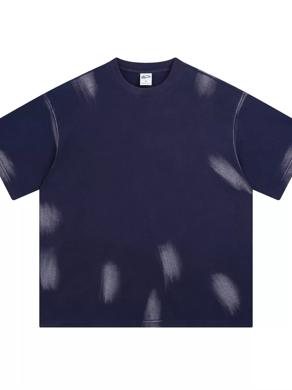 Men's dark navy t-shirt with abstract brushstroke pattern, crew neck, and short sleeves.