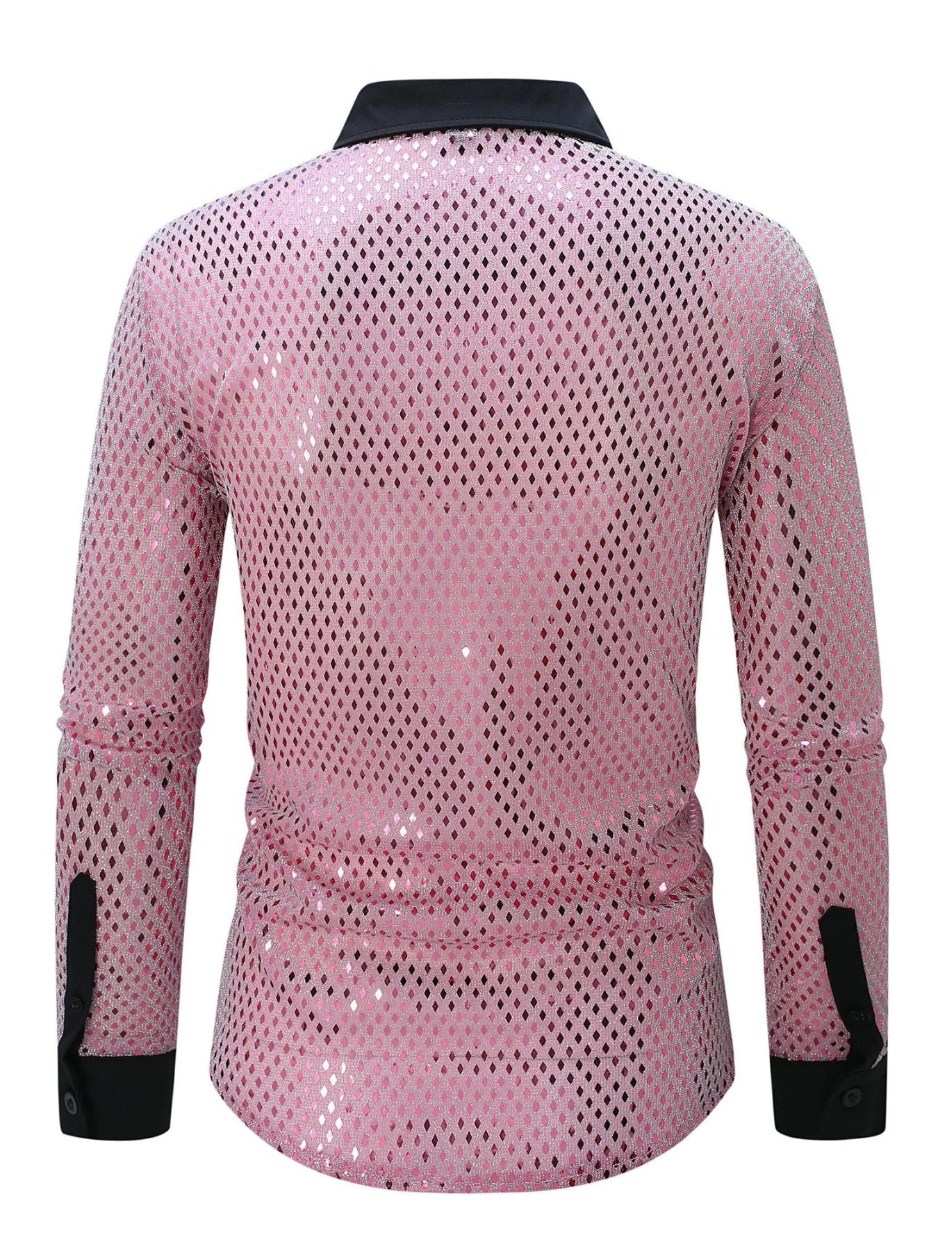 Men's pink long sleeve button-down shirt with openwork pattern and black collar and cuffs.