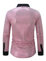 Men's pink long sleeve button-down shirt with openwork pattern and black collar and cuffs.
