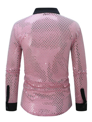 Men's pink long sleeve button-down shirt with openwork pattern and black collar and cuffs.