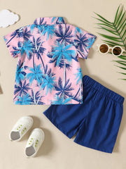 Baby boys pink tropical palm tree print shirt and blue shorts set