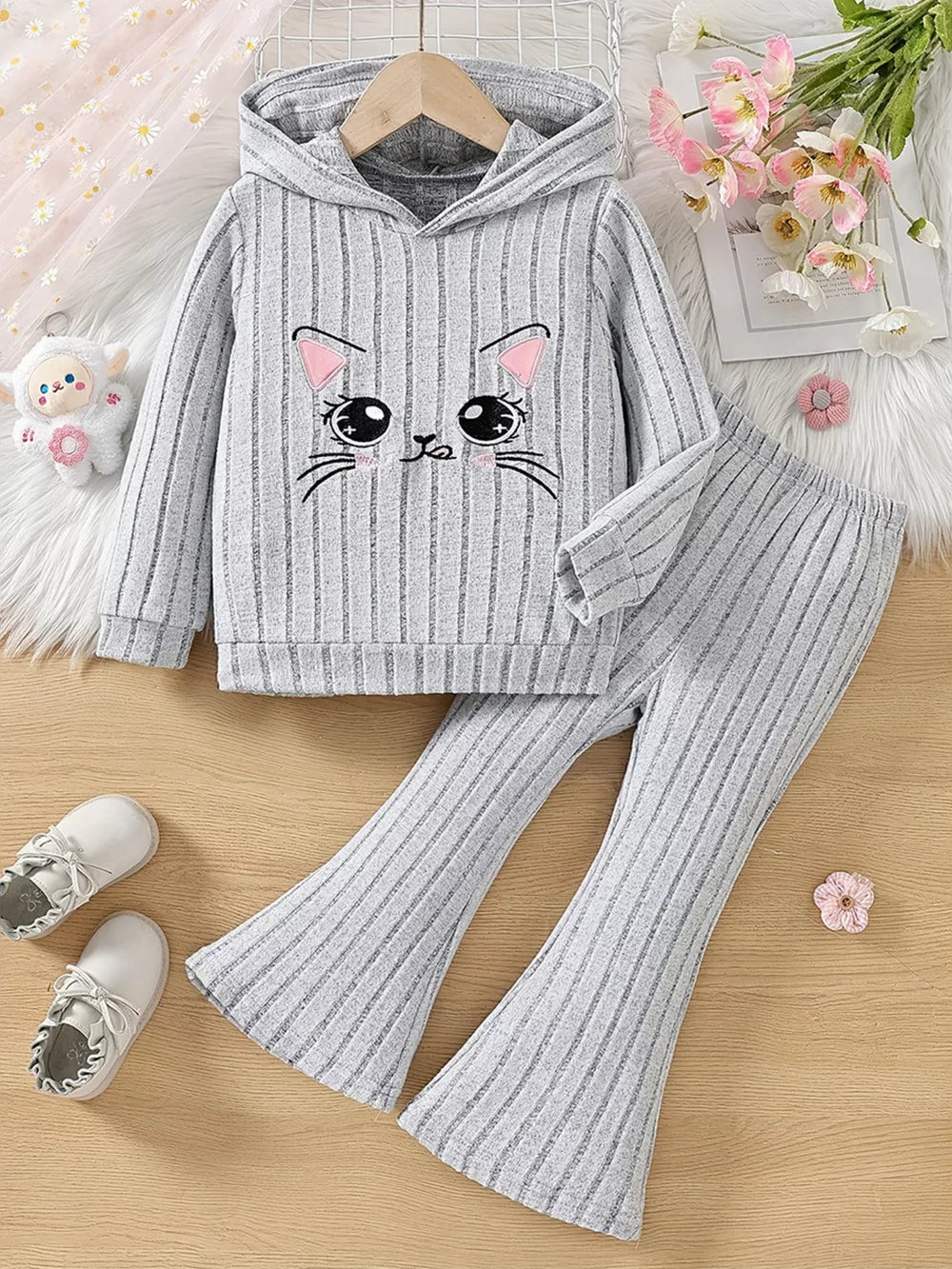 Children's Ribbed Knit Hooded Top And Pants Set in Light Gray, front view