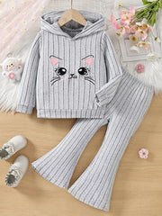 Children's Ribbed Knit Hooded Top And Pants Set in Light Gray, front view