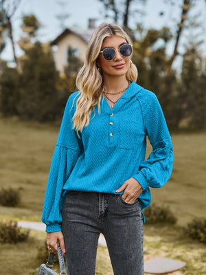 Textured knit henley in Sky Blue with balloon sleeves and button detail