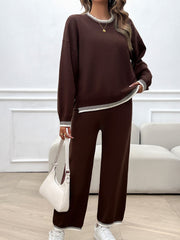 Brown knit loungewear set with white ribbed trim on neckline, cuffs, and hem.