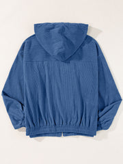 Dusty Blue corduroy relaxed fit zip-up hoodie with elastic cuffs and hem