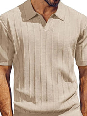 Khaki ribbed knit polo shirt with open placket and short sleeves.