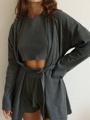 Dark Gray waffle knit lounge set with crop top, shorts, and tie-waist cardigan.