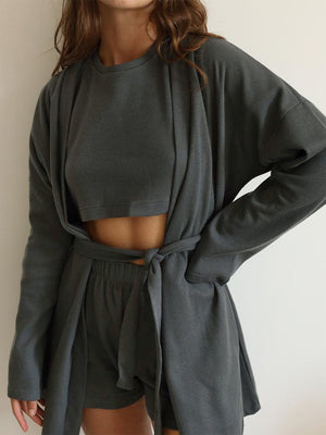 Dark Gray waffle knit lounge set with crop top, shorts, and tie-waist cardigan.
