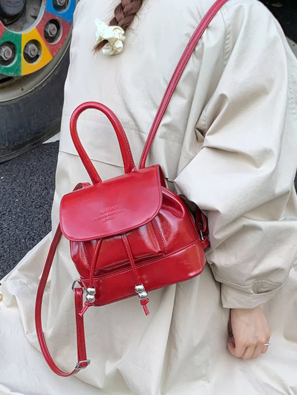 Pu Leather Mini Backpack Bag in Red, side view