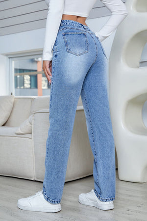 Light wash high-rise straight leg denim jeans with a buttoned fly and classic pocket details.