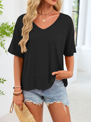 Black relaxed fit v-neck t-shirt with short sleeves and a layered hem detail.