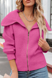 Hot Pink ribbed knit cardigan with shawl collar and zipper closure.